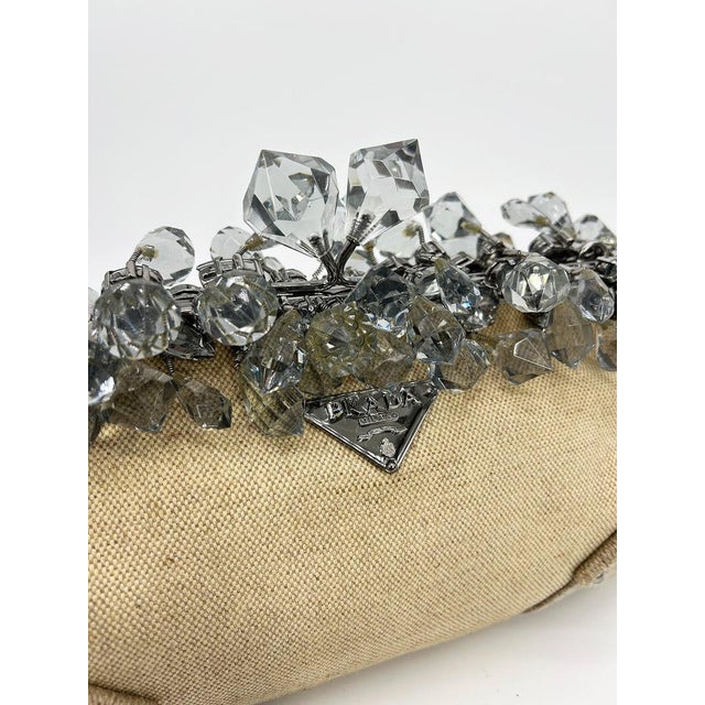 Contemporary Prada Mistolino Natural Canvas Crystal Beaded Top Pochette For Sale - Image 3 of 11