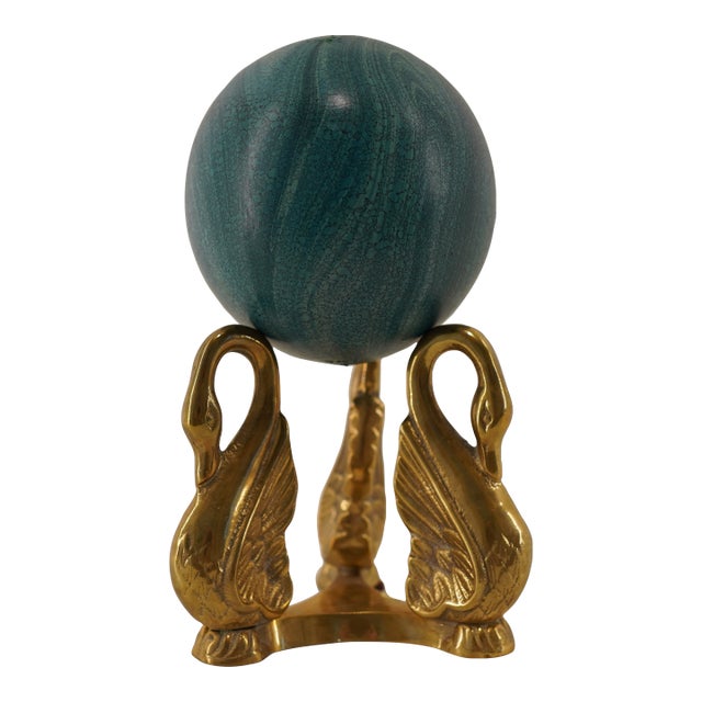 Vintage Hollywood Regency Brass Swan Stand With Malachite-Style Sphere For Sale