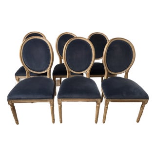 Set of 6 Navy Velvet French Louis XVI Round Back Dining Chairs by Restoration Hardware For Sale
