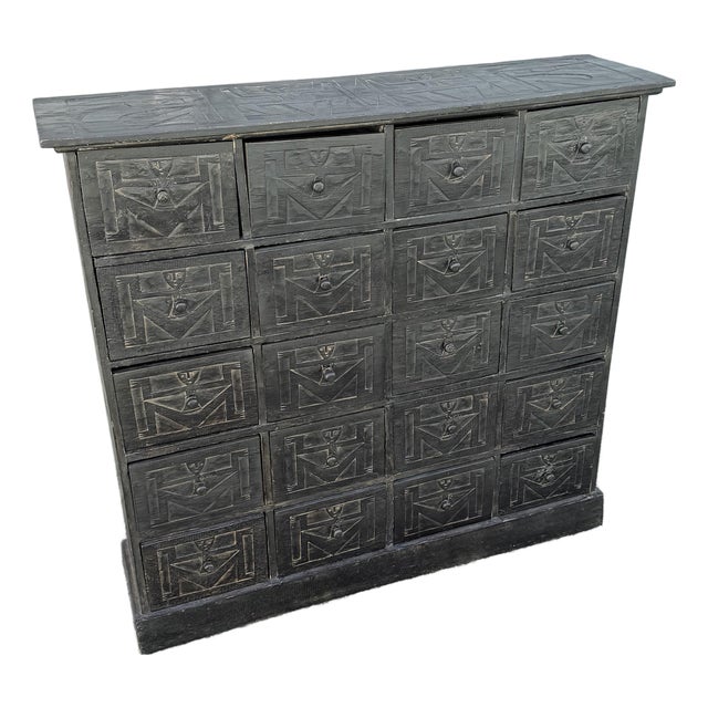 Vintage Wooden Hand Carved Tribal Apothecary Dresser For Sale