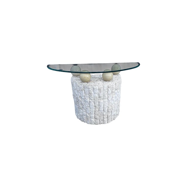 1980s Postmodern Tessellated Stone Demi Lune Glass Top Console Table For Sale - Image 5 of 8