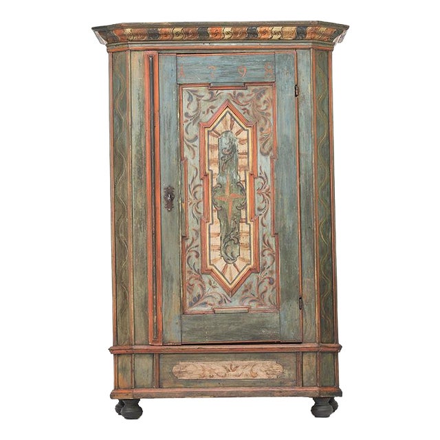 Folk Art Rustic Farmhouse Painted Bridal Cabinet, 1798 For Sale