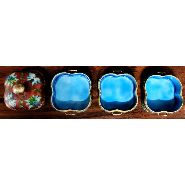Chinese Vintage Cloisonne Fine Enamel Flower Stacking Boxes (4 parts). Enamel on Brass w/Blue Enamel Interiors. 3 Stacking...