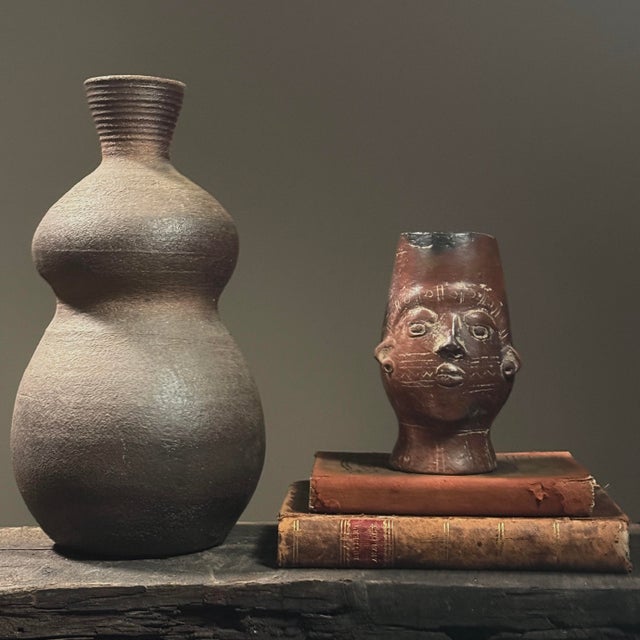 Vintage Japanese Style Double Gourd Anagama Fired Studio Vase, Signed. Dark purple hued double gourd vase with a flared...