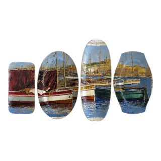 "Le Port De Marseille" Original Custom Painted Plate Installation - Set of 4 For Sale