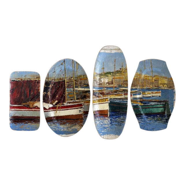 "Le Port De Marseille" Original Custom Painted Plate Installation - Set of 4 For Sale