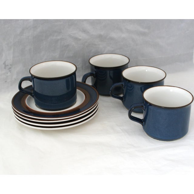 Blue Vintage 70s Haniwa Ranmaru Capri Pattern Stoneware Cups & Saucers - 8 Pieces For Sale - Image 8 of 13