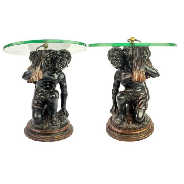 With screws on glass top and brass ball with ring finial. Has small crack and small damage on one basque. Glass top...