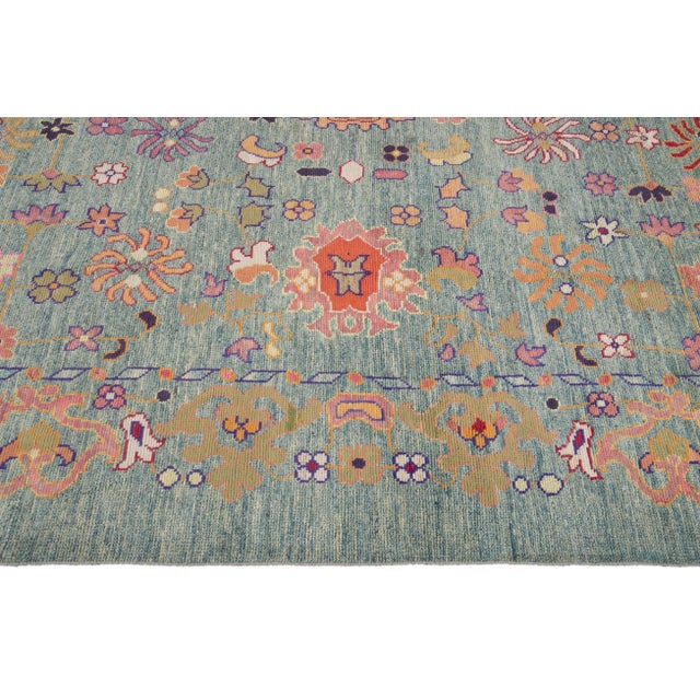 Oversize Blue Modern Oushak Handmade Wool Rug For Sale - Image 9 of 12