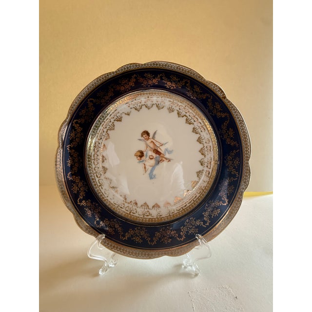 Ceramic Antique Victoria Carlsbad Austria Cobalt & Gilt Cherub Cabinet Plates – Set of 4 For Sale - Image 7 of 11