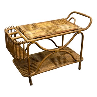 Large French Riviera Rattan Bar Cart with Bottle Holder, 1960s For Sale