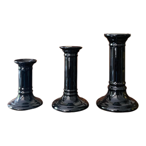 1990s Doulton England Glossy Black Ceramic Candlestick Holders - Set of 3