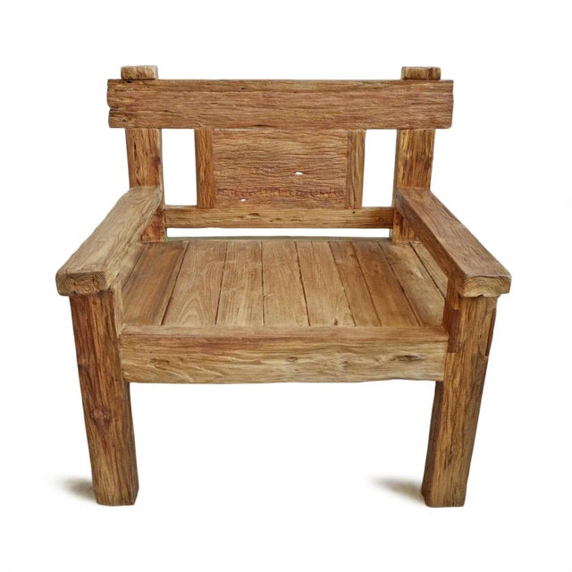 Vintage rustic railway wood arm chair. Great for indoor or outdoor use. Each unique in wood tones, grain, and textures...
