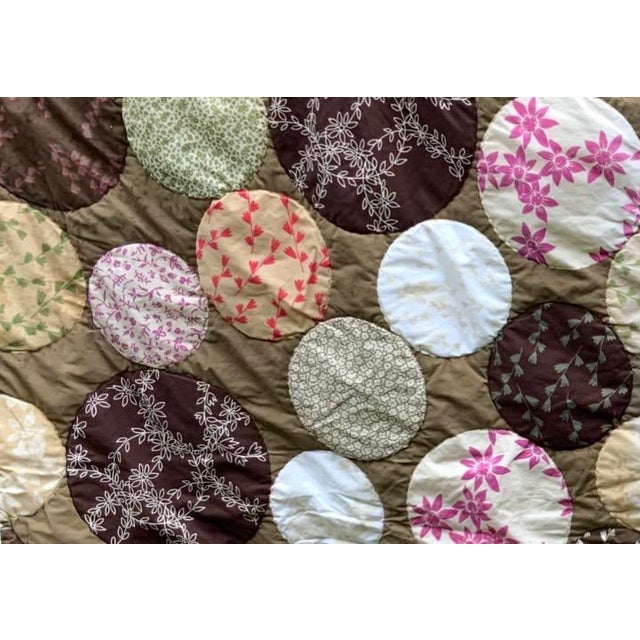 Hippie-Chic Japanese Cotton Medallion Quilt — Chocolate Brown & Pink Floral Circles, Hand Quilted, 66x88P For Sale - Image 18 of 18