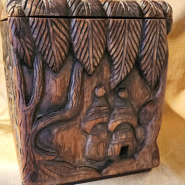 Mid 20th Century Mid 20th Century Hand-Carved Wooden Keepsake Trunk – Vintage Figural Scene, Boho Decor For Sale - Image 5 of 15
