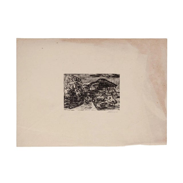 Mino Maccari, Landscape, Original Woodcut Print on Paper, Mid-20th Century For Sale