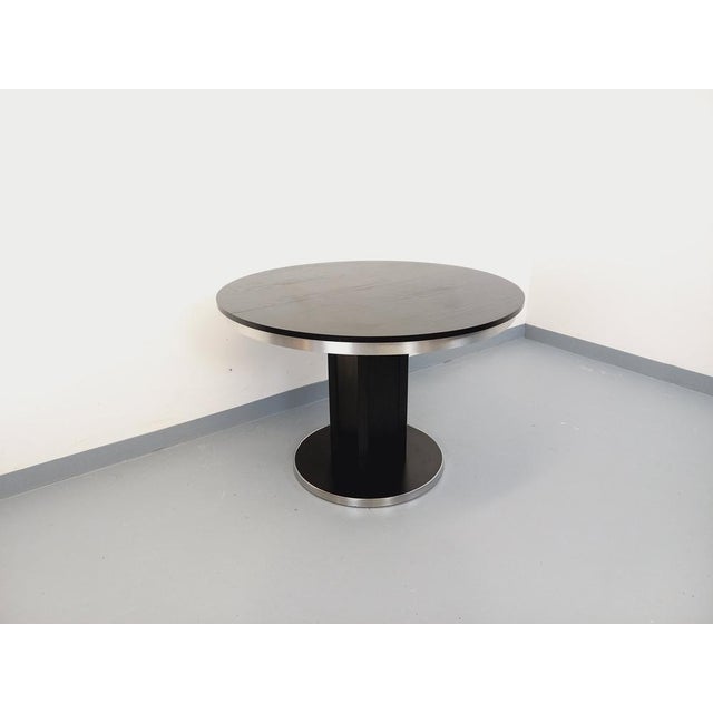 Vintage Round Dining Table in Black Wood-Effect Melamine and Chrome Metal, Space Age/1970s Style, with Integrated Extension For Sale - Image 16 of 18