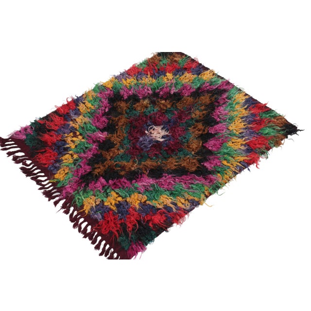 Tribal 1950s Vintage Tulu Rug in Multicolor Geometric Pattern, Shag Pile For Sale - Image 3 of 7