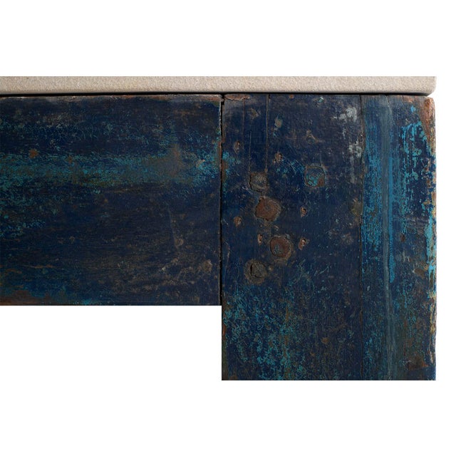 Late 20th Century Paint Patina Shop Table as Coffee Table With Limestone Top For Sale - Image 5 of 9
