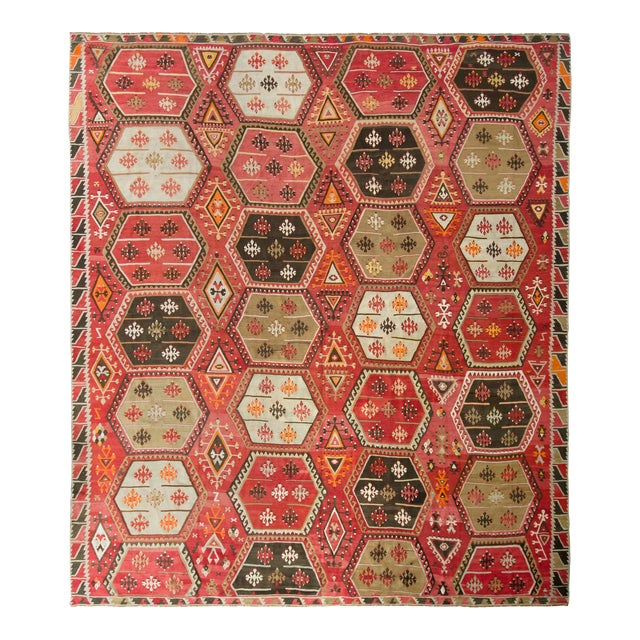 Vintage Mid-Century Kilim Rug Red Pink All Over Geometric Pattern For Sale