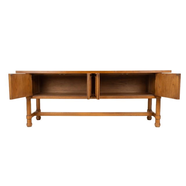 Wood 1970s Drexel Compatibles Low Walnut Credenza Sideboard Buffet Cabinet Mid Century Modern For Sale - Image 7 of 17