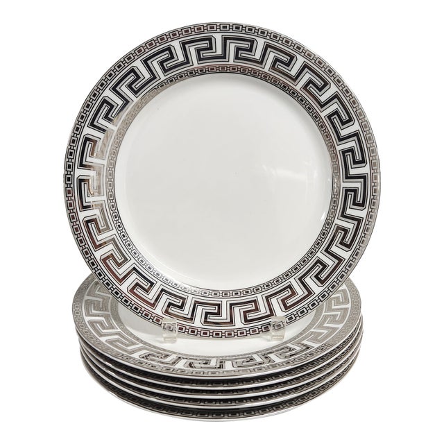 Casati Bavaria Fine Porcelain Dinner Plates With Platinum Greek Key Border – Set of 6 For Sale
