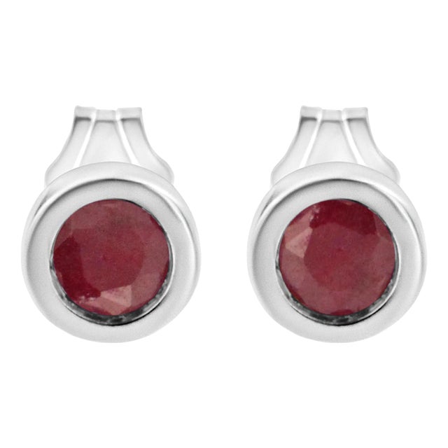 .925 Sterling Silver Bezel Set 3.5mm Created Red Garnet Gemstone Solitaire Stud Earrings - 2 Pieces For Sale