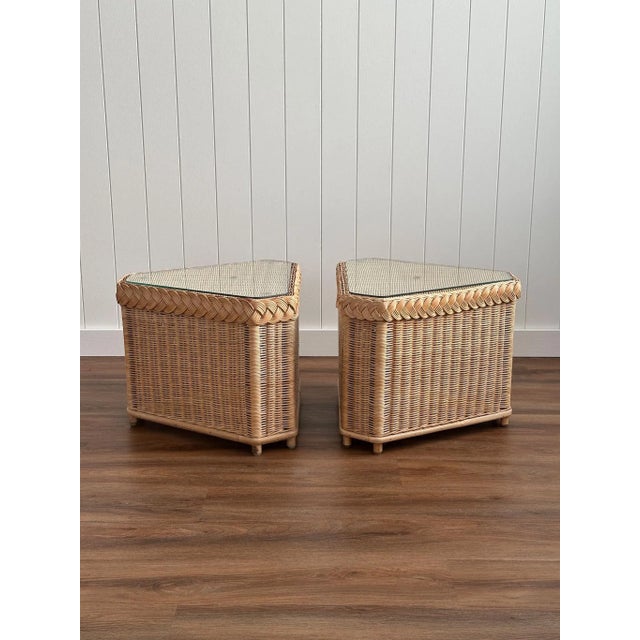 Brown Vintage Brown Jordan Braided Wicker Side Tables, Pair For Sale - Image 8 of 17