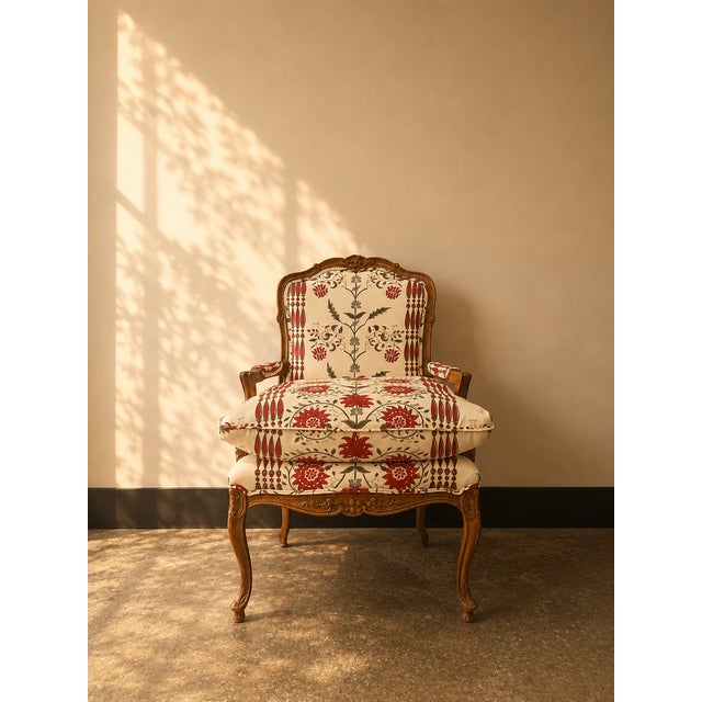 Louis XV Chair reupholstered in Pierre Frey Braquenié Les Colonnes Multicolore Fabric. Overstuffed Down Seat. Carved Wood....