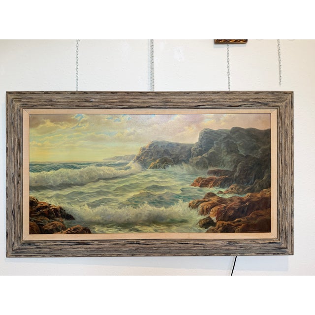 Large Vintage Coastal Seascape Oil Painting Signed Pierro Ocean Waves Framed For Sale - Image 4 of 12