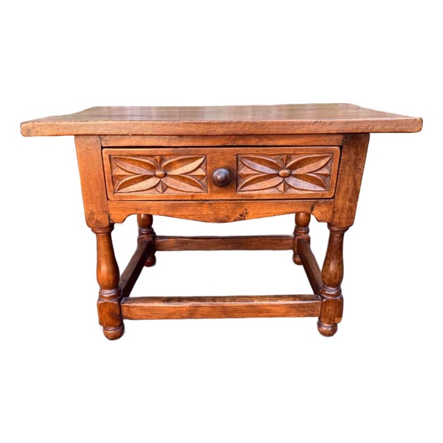 Antique Early 20th Century Rustic Spanish Baroque Carved Walnut Side Table For Sale