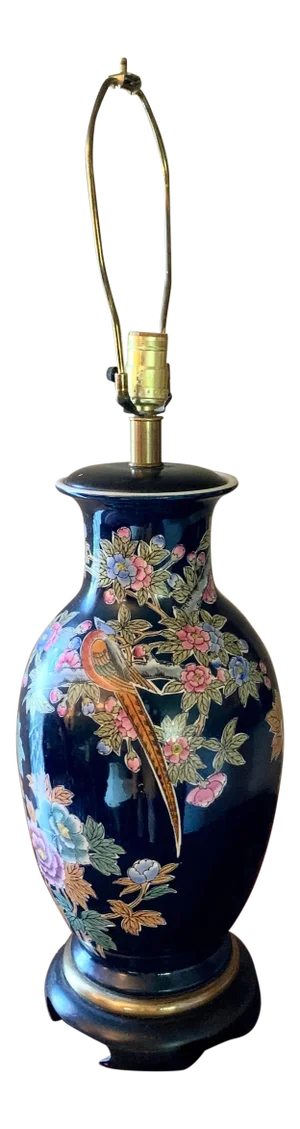 Vintage Asian Black Porcelain Painted Jar Lamp