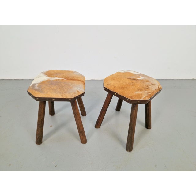 Vintage Milk Stools with Cowhide Seats, 1950s, Set of 2 For Sale - Image 9 of 9
