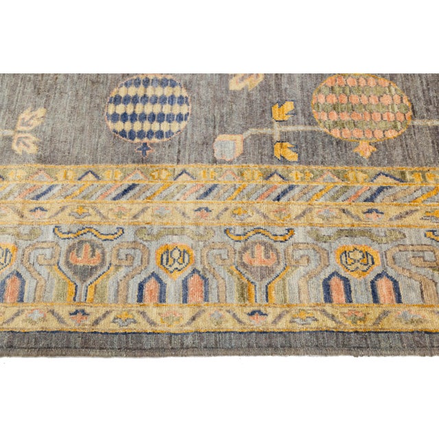 Charcoal Modern Khotan Style Rug Hand-Knotted Wool Pomegranate Design in Charcoal & Ochre For Sale - Image 8 of 11
