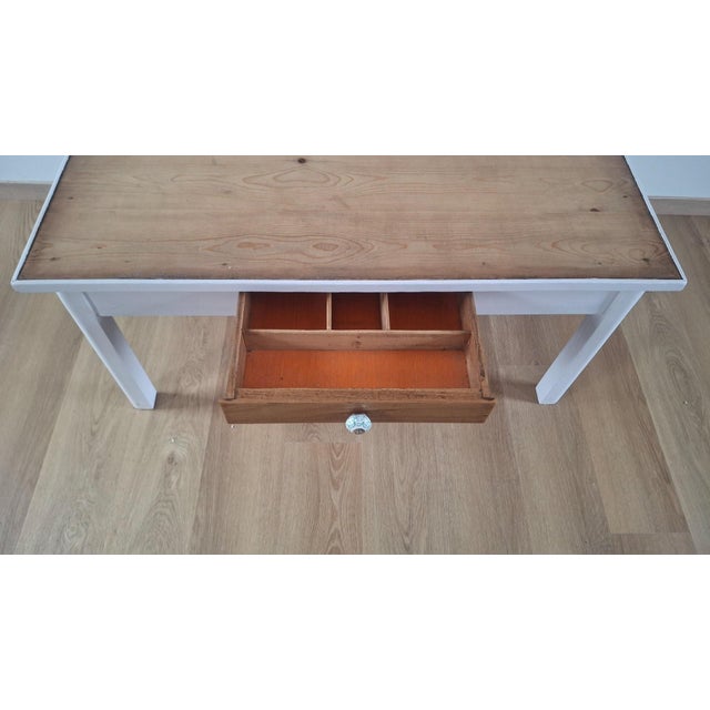 Brown Country Coffee Table in Pinewood with Floral Porcelain Knob and Drawer, 1890s For Sale - Image 8 of 9