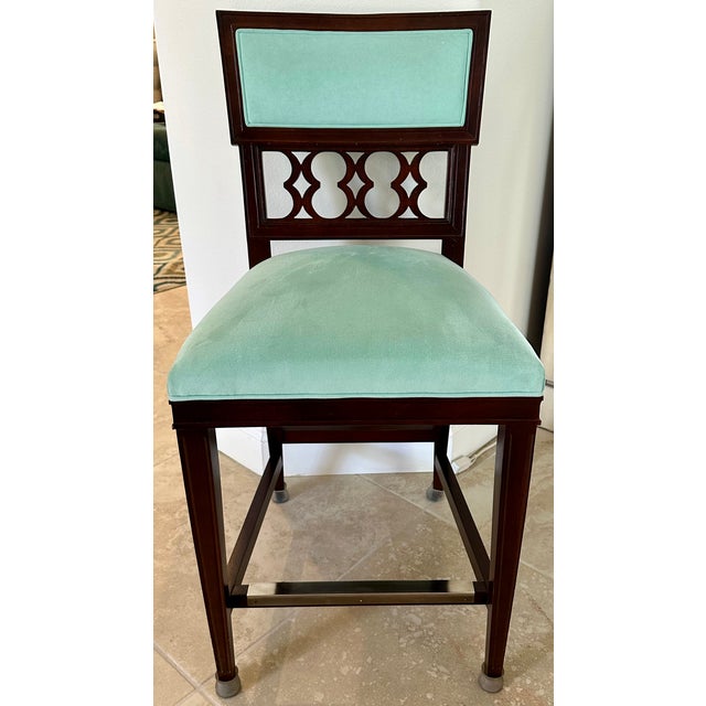 Mahogany Isla Counter Stools (Set of 3) With Figure 8 Panels Attributed to Hickory Chair. Oxford Mahogany finish. Kravet...