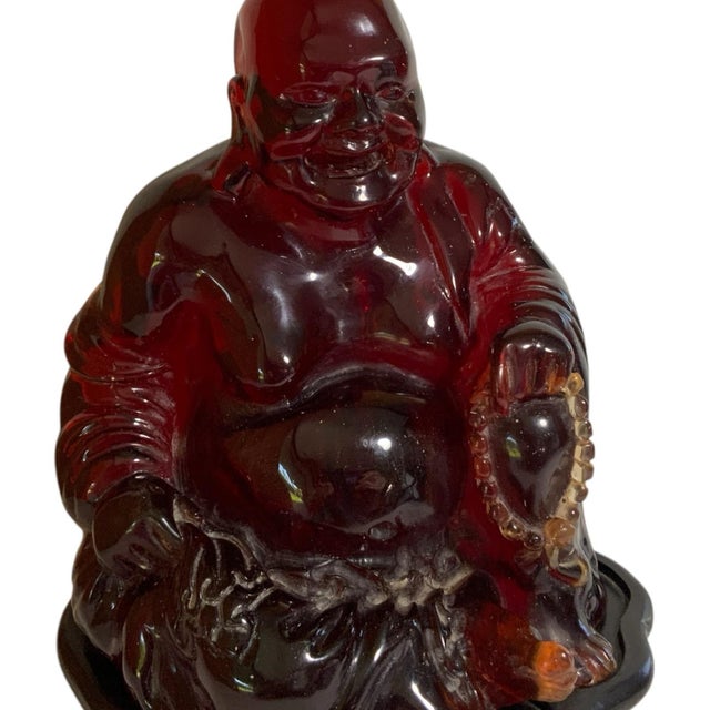 Vintage Mid-Century Large Translucent Red Resin Laughing Buddha Statue on Carved Wood Base China C. 1960s For Sale In Palm Springs - Image 6 of 11