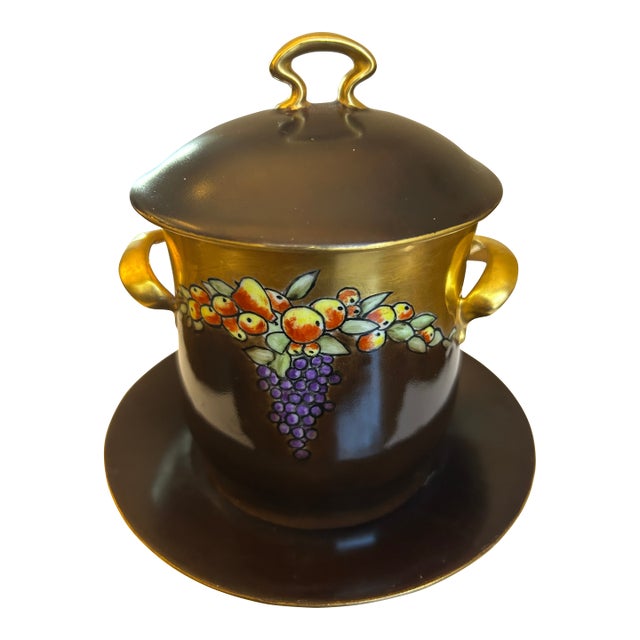 Vintage Handpainted Condensed Milk Jar, Lid and Plate European For Sale