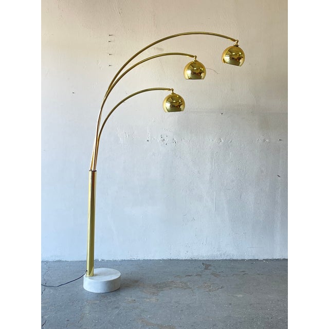 MidCentury Modern Guzzini 3 Arm Arc Brass Floor Lamp with Marble Base