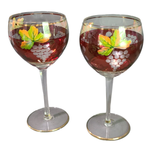 Vintage Pair of Wine Glasses Hand Painted Leaf & Grape Bohemian Etched