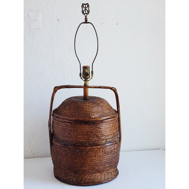 Vintage Chinese Rattan Woven Basket Table Lamp For Sale - Image 12 of 15
