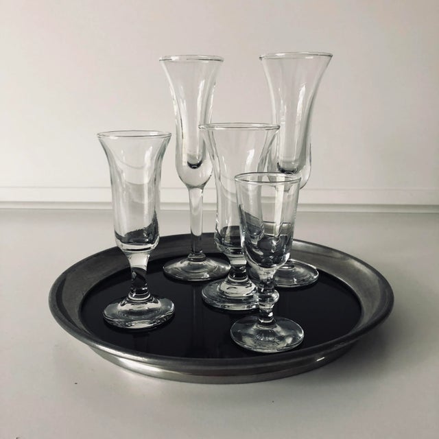 1950s Midcentury Colonial Pewter Tray With Sherry, Shot After Dinner Glasses - Set of 6 For Sale - Image 5 of 5