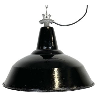 Industrial Black Enamel Factory Lamp with Cast Iron Top, 1960s For Sale