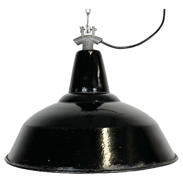 Industrial Black Enamel Factory Lamp with Cast Iron Top, 1960s For Sale