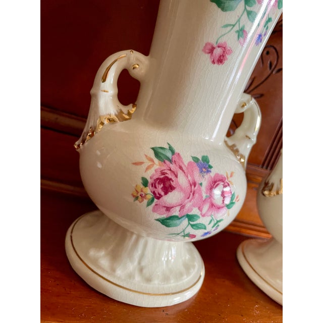 English Vintage 1940s Porcelain Rose Urn Vases - Pair For Sale - Image 3 of 11