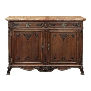 Antique Country French Louis XIV Walnut Marble Top Buffet For Sale