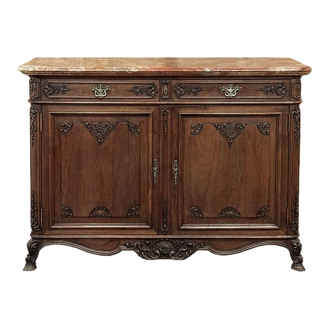 Antique Country French Louis XIV Walnut Marble Top Buffet For Sale