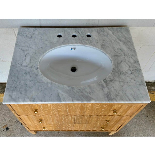 Modern Worlds Away Modern Fluted Oak and White Marble Sink Vanity For Sale - Image 3 of 7
