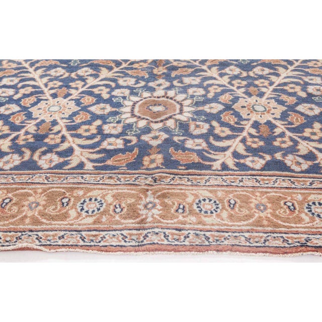 Persian 19th Century Botanic Persian Meshad Caramel and Navy Blue Handwoven Wool Rug For Sale - Image 3 of 5