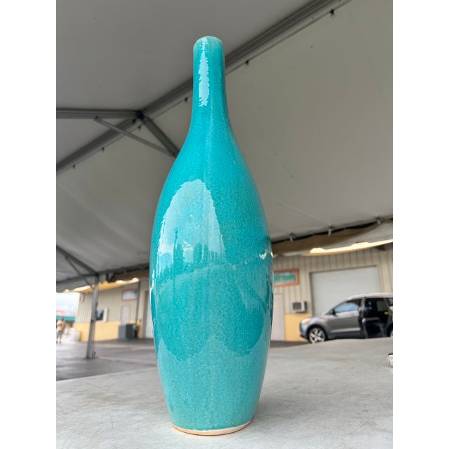 Mid-Century Style Large Turquoise Ceramic Long-Neck Tear-Drop Vase For Sale - Image 4 of 7